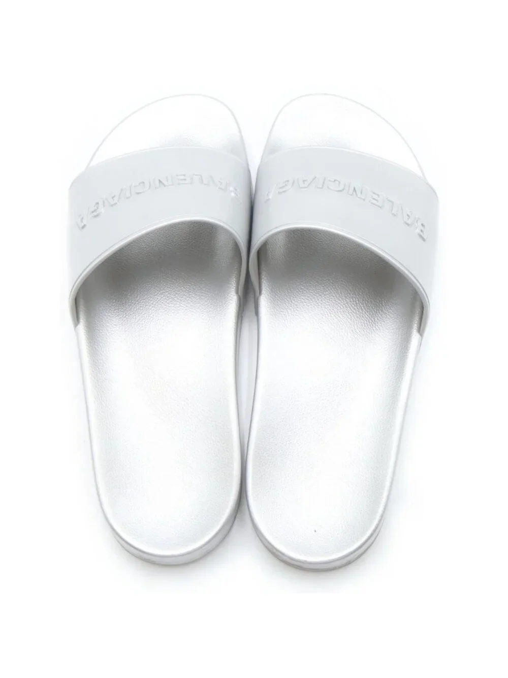 Balenciaga Logo Rubber Slide Flat Sandals Shoes Silver